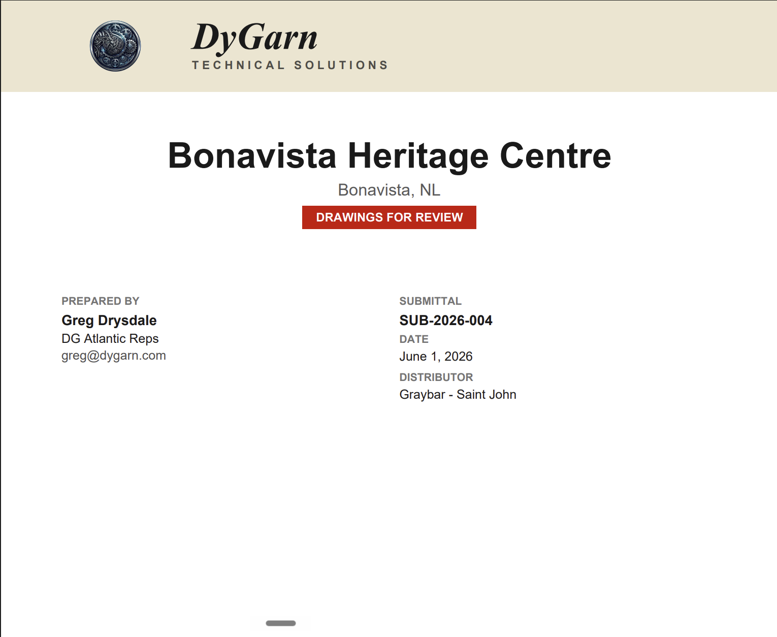 Branded submittal cover page generated by Padma