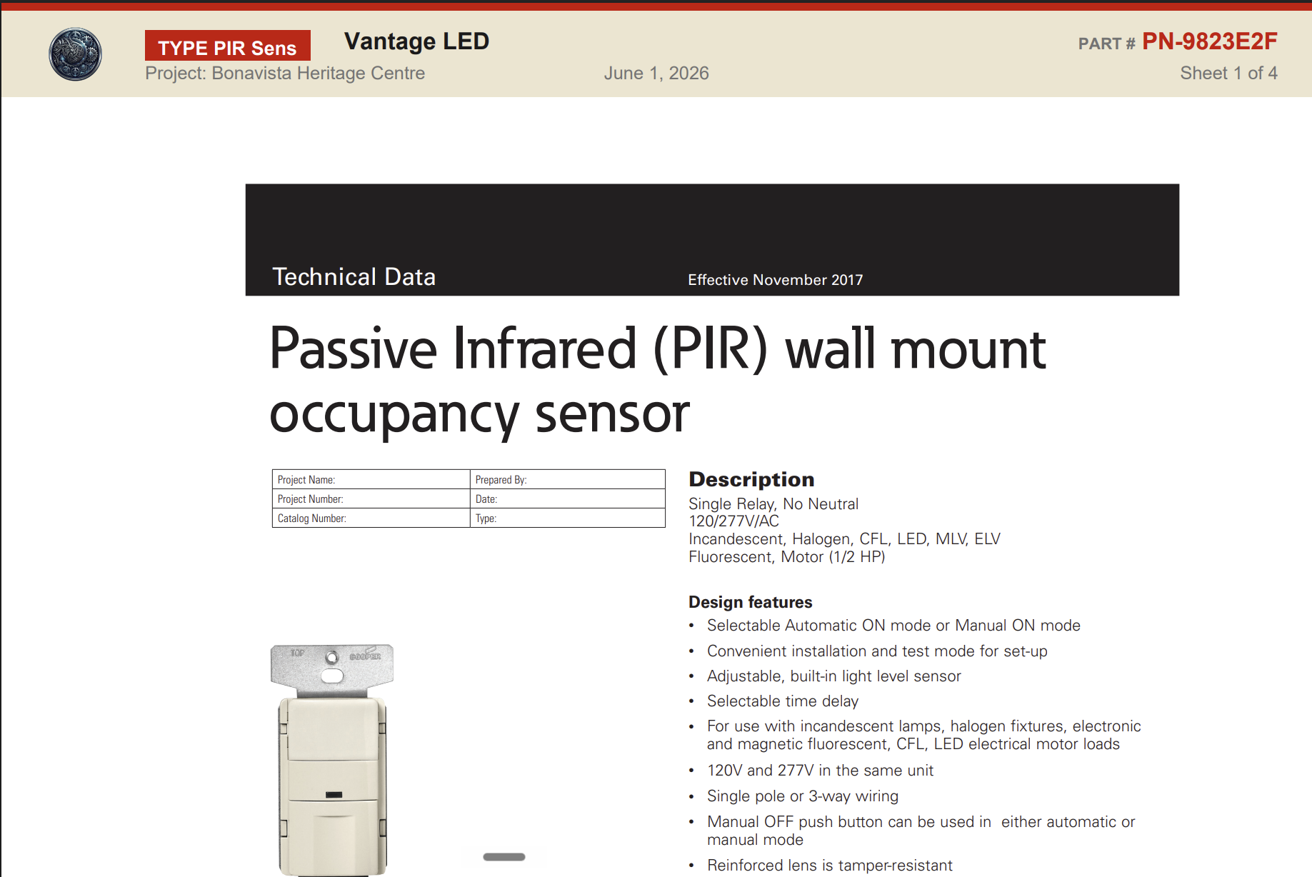 Branded submittal cut-sheet page generated by Padma